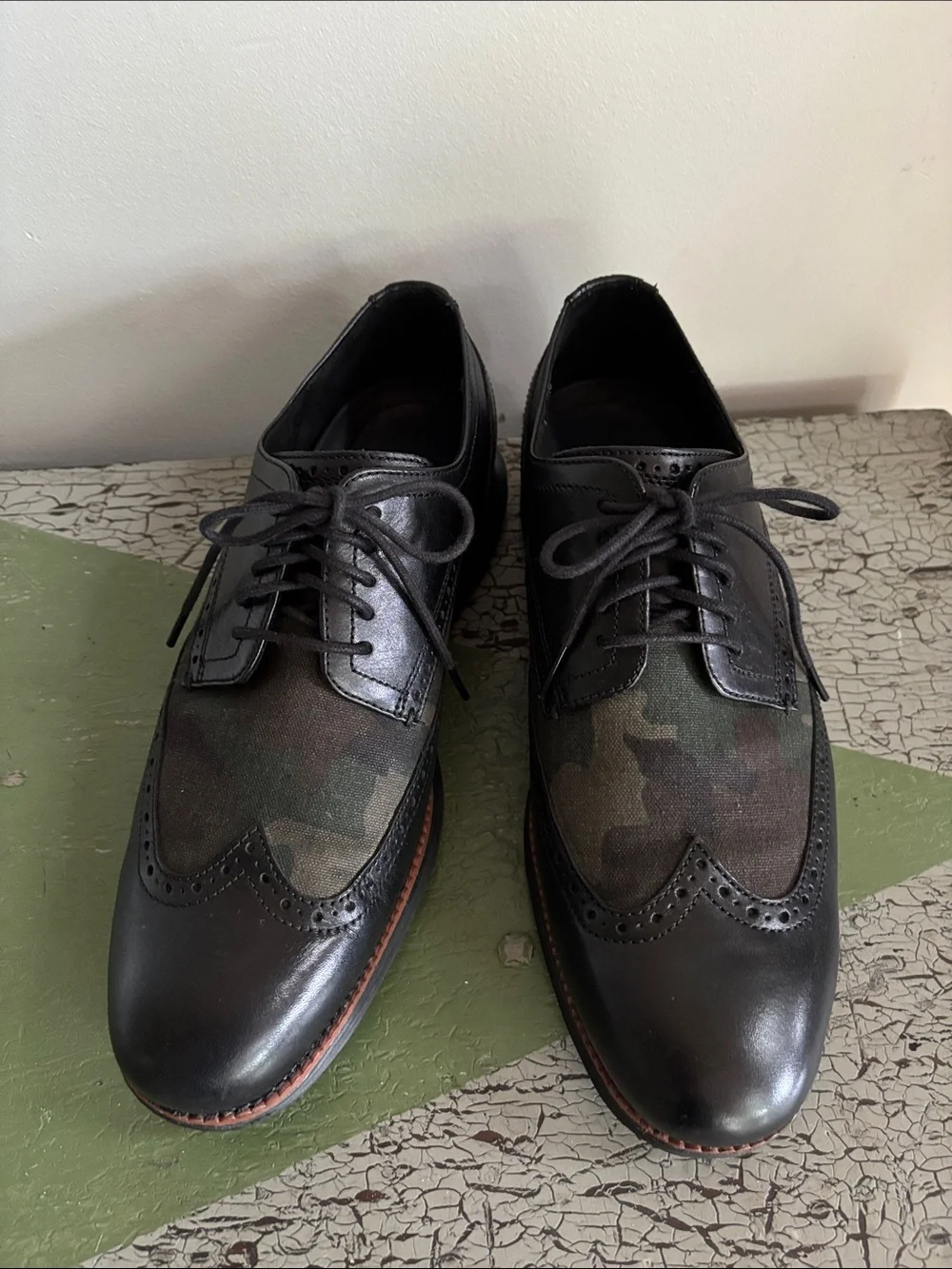 Cole Haan ØriginalGrand Wingtip Oxford Shoes Black Leather Camo Canvas Size 10